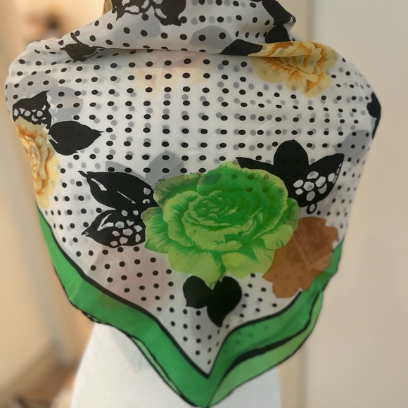 Silk chiffon scarf in green, black, and white with yellow floral pattern. - Picture 5 of 6